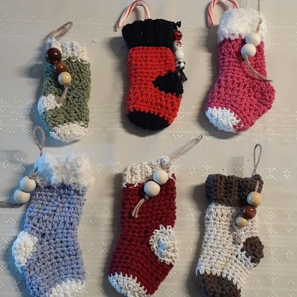 6 pc.hand crocheted sock ornaments - Picture 1 of 9